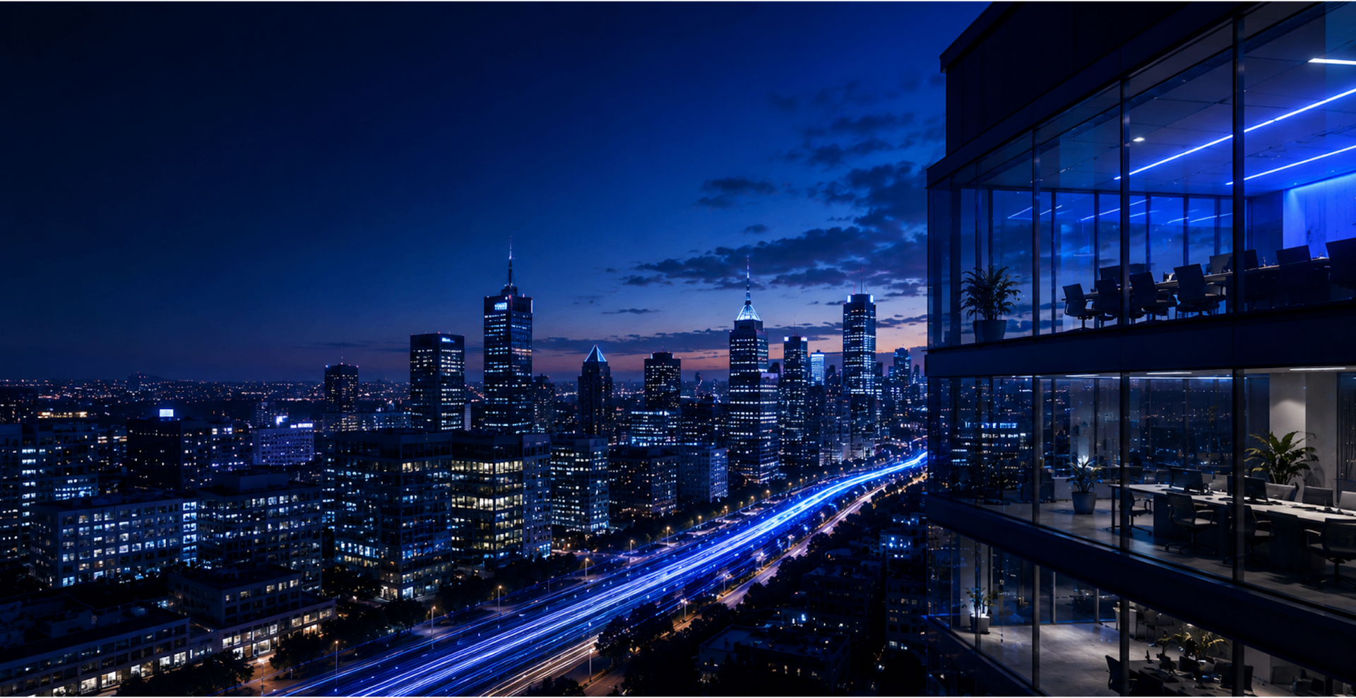 City skyline at night with light trails seen from a corporate office